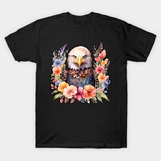 A bald eagle decorated with beautiful watercolor flowers T-Shirt